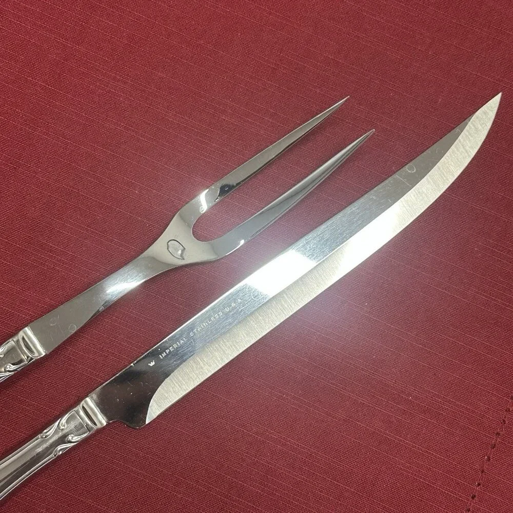 Vintage Imperial Stainless Rosedale Carving Set Knife & Fork USA Floral Design